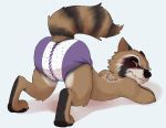  2019 absurd_res anthro black_body black_fur black_nose blush brown_body brown_fur butt diaper embarrassed fur furgonomics guardians_of_the_galaxy hi_res kuuneho looking_back male mammal marvel paws presenting procyonid raccoon raised_tail red_eyes rocket_raccoon solo 
