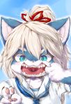  anthro blonde_hair blue_body blue_eyes blue_fur clothed clothing cub domestic_cat felid feline felis female fur gesture gingitsune_(artist) hair hi_res kemono looking_at_viewer mammal open_mouth pawpads school_uniform solo spread_mouth teeth tongue uniform uvula v_sign whiskers young 