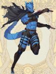  abs anthro athletic barefoot belt blades blue_body blue_skin cape cloak clothed clothing daggers digital_media_(artwork) dragon lizard looking_at_viewer male midriff muscular muscular_male reptile scalie seductive skimpy solo tattoo weapon 