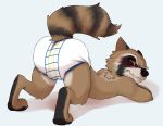  2019 absurd_res anthro black_body black_fur black_nose blush brown_body brown_fur butt diaper embarrassed fur furgonomics guardians_of_the_galaxy hi_res kuuneho looking_back male mammal marvel paws presenting procyonid raccoon raised_tail red_eyes rocket_raccoon solo 