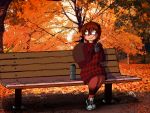  2019 4:3 anthro autumn autumn_(kumacat) beaver bench beverage brown_hair clothing dracojeff eyewear female footwear furgonomics glasses hair leaf mammal outside rodent shoes sitting smile solo sweater tail_clothing tail_warmer thermos topwear tree 