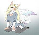  angel anthro blonde_hair clothed clothing feathered_wings feathers female fur hair hinia hooves horn hybrid legwear mammal nipples pose prisha solo stockings sweater thong topwear white_body white_fur wings 