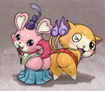  absurd_res ambiguous_gender bent_over blush butt canid canine clothed clothing duo felid feline hi_res lkiws looking_back mammal one_eye_closed pants_down partially_clothed pinkipoo presenting presenting_hindquarters puppynyan video_games wink yo-kai_watch 