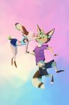 abstract_background anthro anthro_on_anthro barefoot blush bottomwear brown_body brown_fur canid canine cheek_tuft clothed clothing crop_top duo eyes_closed female fox fur gradient_background green_eyes hand_holding head_tuft hi_res hotpants inner_ear_fluff kissing lagomorph leg_markings leporid male male/female mammal markings midriff rabbit ribbontail_(character) shirt shorts simple_background smile socks_(marking) tan_body tan_fur toeless_(markings) topwear tuft vulpesvant vulpesvant_(character) 