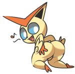  2019 2_toes anthro backsack balls big_butt big_ears blue_eyes blue_sclera butt butt_wings digital_media_(artwork) fangs fur legendary_pok&eacute;mon looking_back male mammal musical_note nintendo open_mouth orange_body orange_fur pok&eacute;mon pok&eacute;mon_(species) simple_background toes victini video_games vilepluff white_background wings 