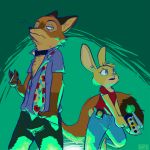  1:1 anthro badge barefoot bate_(artist) blue_eyes bottomwear brown_ears buckteeth canid canine cheek_tuft chest_tuft claws clothing dipstick_tail disney duo female fluffy fluffy_tail fox fur green_background head_tuft hi_res holding_gun holding_object holding_weapon inner_ear_fluff judy_hopps lagomorph leporid male mammal multicolored_tail necktie nick_wilde orange_body orange_fur pants pawpads rabbit red_fox scut_tail shirt simple_background tan_body tan_fur teeth topwear tuft weapon whiskers zistopia zootopia 