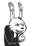  anthro black_and_white black_nose clothed clothing dipstick_ears disney ears_up facial_markings gud head_markings head_tuft jack_savage lagomorph leporid low_res male mammal markings meme monochrome multicolored_ears necktie rabbit reaction_image simple_background suit teeth white_background zootopia 