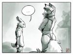  4:3 anthro canid canine clothed clothing duo ears_back female fox ipoke lagomorph larger_female leporid looking_down male mammal pivoted_ears rabbit size_difference smaller_male speech_bubble standing 