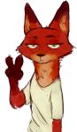  anthro bate_(artist) brown_body brown_fur canid canine cheek_tuft claws clothing dipstick_ears disney fox front_view fur gesture gloves_(marking) half-closed_eyes half-length_portrait male mammal markings multicolored_ears neck_tuft nick_wilde portrait red_body red_fox red_fur shirt simple_background solo t-shirt topwear tuft v_sign white_background zootopia 