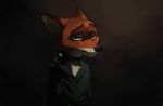  anthro black_nose canid canine captainskee cheek_tuft chest_tuft clothed clothing dark disney ears_back fluffy fox fur gradient_background green_eyes half-closed_eyes head_tuft inner_ear_fluff male mammal multicolored_body multicolored_fur neck_tuft nick_wilde orange_body orange_fur pivoted_ears red_fox sad shirt shock_collar simple_background solo topwear tuft two_tone_body two_tone_fur white_body white_fur zootopia 