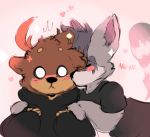  &lt;3 2019 anthro blush brown_body brown_fur clothed clothing duo_focus facial_markings fur group head_markings head_tuft hi_res hoodie joey_(cewljoke) kawa_(rebouwu) kissing lutrine male male/male mammal markings mask_(marking) mustelid pink_background procyonid raccoon rebouwu romantic simple_background surprise topwear 