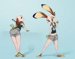  anthro barefoot bent_over blue_background blue_eyes bottomwear brown_body brown_fur buckteeth cheek_tuft clothing disney ears_down ears_up female fur hi_res inner_ear_fluff lagomorph leporid looking_back mammal open_mouth open_smile pivoted_ears rabbit ribbontail_(character) scut_tail shirt shorts simple_background smile solo standing tank_top teeth topwear tuft vulpesvant white_body white_fur zootopia 