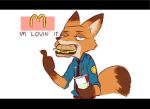  anthro bate_(artist) brown_body brown_fur burger canid canine cheek_tuft clothed clothing dipstick_tail disney eating english_text fangs food fox fur gesture gloves_(marking) half-closed_eyes holding_drink male mammal markings multicolored_tail necktie nick_wilde orange_body orange_fur police_uniform red_fox slogan solo straw text thumbs_up tuft uniform zootopia 