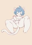  2019 absurd_res anthro anus balls blue_eyes blue_hair blush cub erection felid feline felis flirting foreskin fur hair hi_res humanoid humanoid_penis kemono looking_at_viewer male mammal nipples nude one_eye_closed penis presenting puinkey_(artist) simple_background solo submissive submissive_male thick_thighs white_body white_fur wink young 
