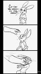  ? absurd_res anthro bate_(artist) black_and_white bottomwear buckteeth clothed clothing comic dialogue disembodied_hand disney duo english_text hi_res judy_hopps lagomorph leporid mammal monochrome pants punch rabbit scut_tail shirt signature smile teeth text topwear zootopia 