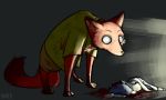  all_fours anthro barefoot bate_(artist) blood bodily_fluids bottomwear canid canine clothed clothing dipstick_ears dipstick_tail disney dripping female feral fox fur grey_background hi_res judy_hopps lagomorph leg_markings leporid light lighting lying male mammal markings multicolored_ears multicolored_tail nick_wilde police_uniform rabbit red_body red_fox red_fur shirt shorts simple_background socks_(marking) topwear uniform wounded zootopia 