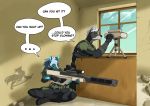  anthro armor binoculars canid canine canis clone clothed clothing dialogue ethan_(kynum) female glowing gun kynum luna_(kynum) male mammal prototype ranged_weapon rangefinder rifle sniper_rife uniform weapon wolf 