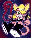  2019 4_fingers anthro blonde_hair blue_background bomberman bomberman_(series) breasts cleavage clothed clothing domestic_cat felid feline felis female fingers footwear gradient_background green_eyes hair hi_res holding_object knife mammal mintytempest natia pink_body red_background shoes simple_background soles solo toes whip 