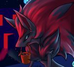  2019 anthro blood bodily_fluids building detailed_background digital_media_(artwork) excited hair halloween hi_res holidays house long_ears moon neighborhood night night_sky nintendo outside pok&eacute;mon pok&eacute;mon_(species) sinnamon_roll smile trick_or_treat video_games zoroark 