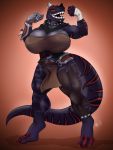  anthro big_breasts breasts clothing collar dinosaur female hi_res karakylia loincloth muscular muscular_female non-mammal_breasts reptile scalie sharp_teeth simple_background solo spiked_collar spikes teeth theropod 