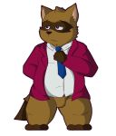  2019 anthro brown_body brown_fur claude_(tgts) clothing fur hi_res humanoid_hands male mammal necktie procyonid raccoon shirt simple_background snowhip solo timothy_goes_to_school topwear white_background 