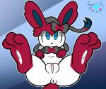  2018 3_fingers 3_toes abstract_background alternate_color anus blue_background blue_eyes butt clitoris eeveelution fan_character female feral fingers front_view hi_res legs_up looking_at_viewer mintytempest nintendo paws pok&eacute;mon pok&eacute;mon_(species) presenting pussy simple_background solo spread_legs spreading sylveon toes velvet_(sl33k-thefox) video_games watermark 