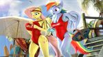  16:9 3d_(artwork) 4k absurd_res anthro big_breasts breast_size_difference breasts cleavage clothed clothing digital_media_(artwork) equid equine female fluttershy_(mlp) friendship_is_magic hi_res huge_breasts lifeguard mammal my_little_pony pterippus rainbow_dash_(mlp) swimwear whiteskyline wings 