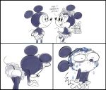  anthro bent_over bodily_fluids bottomwear butt clothed clothing comic disney duo featureless_chest female greyscale hi_res hotdiggedydemon humor male mammal mickey_mouse minnie_mouse monochrome mouse murid murine panties rodent skirt sweat toony topless underwear 