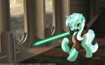  16:10 crossover cutie_mark digital_media_(artwork) don_ko equid female feral friendship_is_magic green_body hi_res horn jedi lightsaber lyra_heartstrings_(mlp) mammal melee_weapon my_little_pony solo star_wars sword unicorn weapon yellow_eyes 