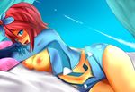  bed bed_sheet blue_eyes blush breasts crossed_arms curtains fu_(counting01) fuuro_(pokemon) gloves hair_ornament large_breasts lying midriff navel nipples open_mouth pillow pokemon red_hair shorts smile solo window 