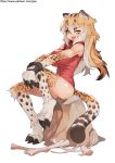  1girl :p animal_ears animal_print black_hair blonde_hair bone bottomless breasts claws commentary english_commentary eyebrows_visible_through_hair fang full_body fur gao_(gaolukchup) grey_hair hair_between_eyes highres large_breasts leg_up leopard_ears leopard_print leopard_tail long_hair looking_at_viewer monster_girl multicolored_hair muscle muscular_female no_panties on_rock original patreon_username paws pussy pussy_peek rock scar sitting sleeveless slit_pupils solo tail tongue tongue_out watermark web_address white_background yellow_eyes 