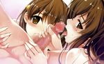  1boy 2girls blush brown_hair censored fellatio game_cg handjob misaki_kurehito mole multiple_girls oral penis sucking_testicles testicles 