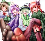  4girls blush breasts brown_hair censored erect_nipples feet foot footjob green_hair kaenbyou_rin komeiji_koishi komeiji_satori large_breasts legwear long_hair multiple_girls open_mouth panties penis purple_hair red_hair reiuji_utsuho short_hair skirt skirt_lift smile stockings teamwork thighhighs touhou underwear 