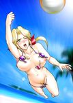 beach_volleyball bikini blonde_hair blue_eyes bow breasts dead_or_alive dead_or_alive_xtreme hair_bow helena_douglas kitamura_(bamboo) large_breasts long_hair pubic_hair pussy swimsuit venus_bikini volleyball wardrobe_malfunction 