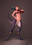  bandeau black_hair bottomless clothed clothing dotoro_(artist) dragon female gun hair hi_res humanoid navel purple_body purple_scales pussy ranged_weapon scales solo weapon 