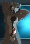  2019 anthro azuras balls beard black_body black_fur black_nose body_hair chest_hair chest_tuft digital_media_(artwork) erection facial_hair fur green_eyes grey_body grey_fur grey_hair hair hands_behind_head happy_trail hi_res humanoid_penis looking_at_viewer male mammal muscular muscular_male nude patrikthedog pecs penis pink_penis pinup pose pubes simple_background smile solo standing tuft ursid 