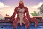  anthro balls big_penis dragon erection foreskin hair horn humanoid_penis male muscular muscular_male orange_hair outside penis red_body red_scales scales scalie sitting smile solo swimming_pool tattoo uncut water zephyxus 