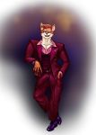  alcohol beverage big_bulge bulge canid canine clothing fathermonster fox foxy_bingo hi_res male mammal open_pants solo suit whiskey 