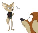  anothercolouranon anthro barefoot bottomwear canid canine clothed clothing dialogue disney duo ears_back english_text fennec finnick fox fur inner_ear_fluff long_legs male mammal nick_wilde open_mouth orange_body orange_fur pivoted_ears red_fox shirt shorts simple_background tan_body tan_fur teeth text topwear white_background zootopia 