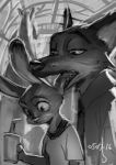  anthro canid canine clothed clothing disney duo female fox greyscale holding_drink judy_hopps lagomorph leporid licking male mammal monochrome necktie nick_wilde open_mouth rabbit shirt signature source_request straw teeth tongue tongue_out topwear unknown_artist zootopia 