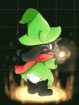  2019 anthro black_body black_fur blush bovid caprine clothing deltarune diaper eyewear floppy_ears fur glasses goat green_clothing green_hat green_headwear green_robe hat headgear headwear hi_res looking_back male mammal open_mouth ralsei robe rokesys scarf solo video_games white_eyes young 