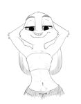  anthro black_and_white bottomwear clothing dipstick_ears disney ears_down female flat_chested front_view half-closed_eyes half-length_portrait hands_behind_head judy_hopps lagomorph leporid looking_at_viewer mammal monochrome multicolored_ears navel numbro pants pivoted_ears portrait rabbit simple_background smile solo tube_top white_background zootopia 