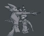  absurd_res anthro bottomwear canid canine clothed clothing disney duo ears_back ears_up facial_markings fox grey_background greyscale head_markings hi_res holding_gun holding_object holding_weapon hunglee jack_savage lagomorph leporid male mammal markings monochrome nick_wilde pants pivoted_ears rabbit shirt signature simple_background topwear weapon zootopia 