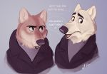  anthro brown_body brown_eyes brown_fur canid canine canis clothed clothing dialogue disney duo english_text fangs fur gary_(zootopia) green_eyes grey_background hi_res larry_(zootopia) male mammal ritwell simple_background speech_bubble text whiskers white_body white_fur wolf zootopia 