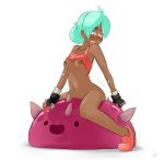  ambiguous_gender areola beatrix_lebeau_(slime_rancher) blue_hair blush bodily_fluids bottomless breasts clothed clothing dark_skin duo female female/ambiguous female_on_top footwear gloves goo_creature hair handwear hi_res human looking_down mammal maximumpingas nipples not_furry on_top raised_clothing raised_shirt shoes sitting slime_rancher sweat 