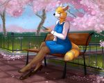  2019 5:4 aggressive_retsuko ailurid amber_wind bottomwear clothed clothing digital_media_(artwork) female flower hi_res legwear mammal park plant red_panda retsuko sad sakura sanrio sitting skirt solo stockings striped_tail stripes 