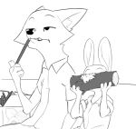 anthro black_and_white canid canine chewing ciwi clothed clothing disney ears_up female fox furniture inner_ear_fluff judy_hopps lagomorph leporid log male mammal monochrome nick_wilde rabbit shirt simple_background sitting sofa stick topwear white_background wood zootopia 