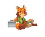  akayu anthro arm_support barefoot bottomwear canid canine clothing dipstick_ears disney fox fur green_eyes male mammal multicolored_ears necktie nick_wilde orange_body orange_fur pants reclining red_fox shirt smile solo suitcase topwear zootopia 