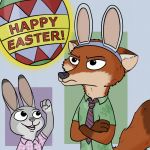  1:1 anothercolouranon anthro canid canine clothed clothing crossed_arms dipstick_ears disney duo ears_up easter english_text fake_ears fake_rabbit_ears female fox fur grey_body grey_fur holidays inner_ear_fluff judy_hopps lagomorph leporid male mammal multicolored_ears necktie nick_wilde open_mouth rabbit red_body red_fox red_fur scowl shirt simple_background smile text tongue topwear zootopia 