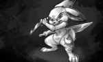  2017 4_toes absurd_res ambiguous_gender carrot_(artist) dagger feral fight front_view fur grey_background greyscale half-closed_eyes hi_res holding_object holding_weapon lagomorph leporid looking_at_viewer mammal markings melee_weapon monochrome open_mouth paws rabbit semi-anthro simple_background small_tail solo standing sword toes weapon 